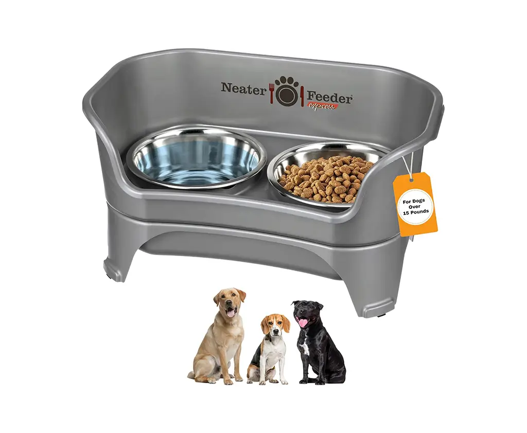 Neater Feeder Express Mess Proof Dog Bowls Elevated for Medium to Large Sized Breed, No Spill Raised Dog Food Bowl Stand, Stainless Steel Food and Water Bowl Set, Pet Dish Feeding Station, Grey