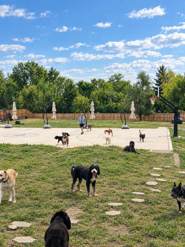 dogs outside walking yard social