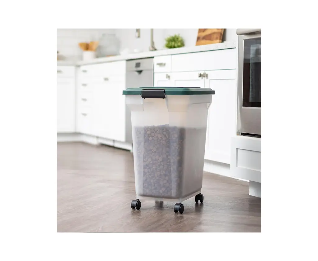 IRIS USA Remington WeatherPro Airtight Dog Food Storage Container, Up to 42 lbs, Attachable Wheels, For Dog Cat Bird and Other Pet Food Storage Bin, Keep Fresh, Translucent Body, Green